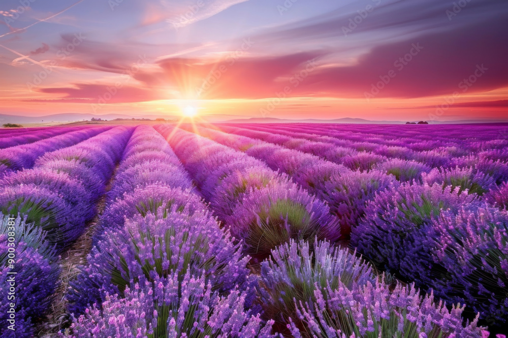 Fototapeta premium A breathtaking view of a lavender field illuminated by a golden sunset