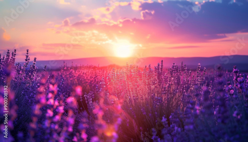 A field of lavender bathed in the warm glow of a setting sun photo