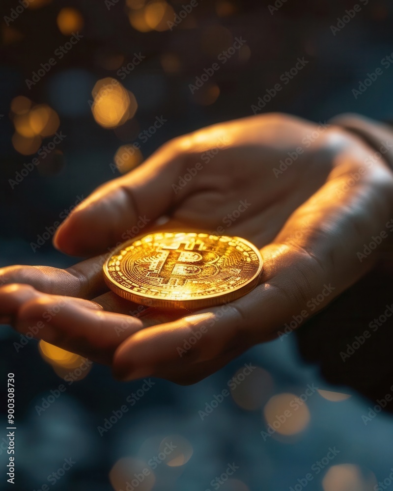 Fototapeta premium Businessman's hand exchanging physical money for a digital coin, hologram of financial trading, shiny gold coin, high resolution,