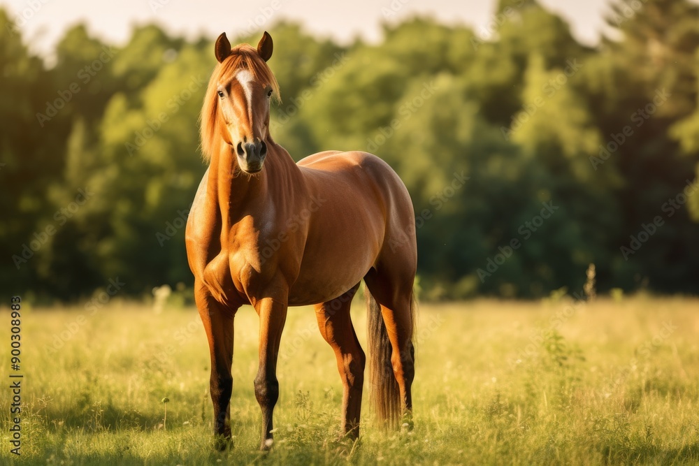 Fototapeta premium Brown horse standing in a grassy field with trees behind. Concept of nature, freedom, strength