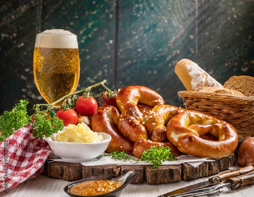 table full with typical german food  like bratwurst, eggs, schnitzel and beer, traditional german food photo