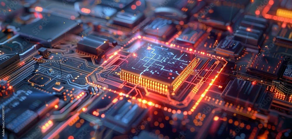 Close-up view of a futuristic circuit board with glowing elements and intricate details showcasing technology and innovation. Close-up view of a futuristic circuit board with glowing elements and intricate details showcasing technology and innovation.