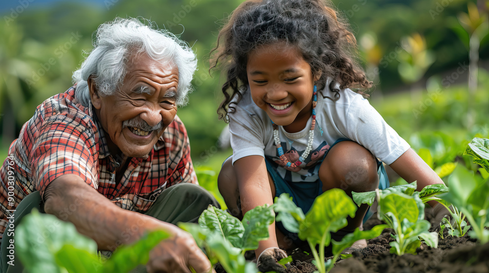 Pacific Islander Grandfather and granddaughter engaging in activities like gardening for national grandparents day.