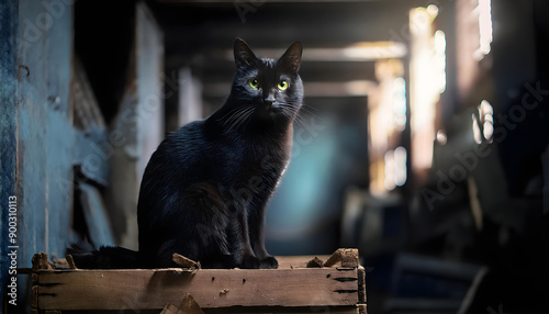Photo black cat sits  up on box looking camera