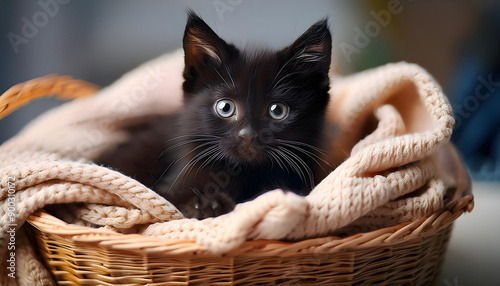 Black cat sleeping in basket