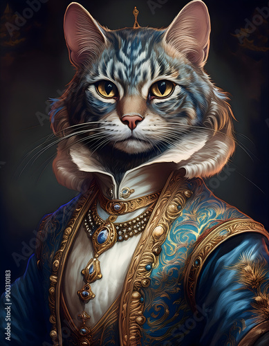 Painting of nobleman with cat head  wearing drees photo