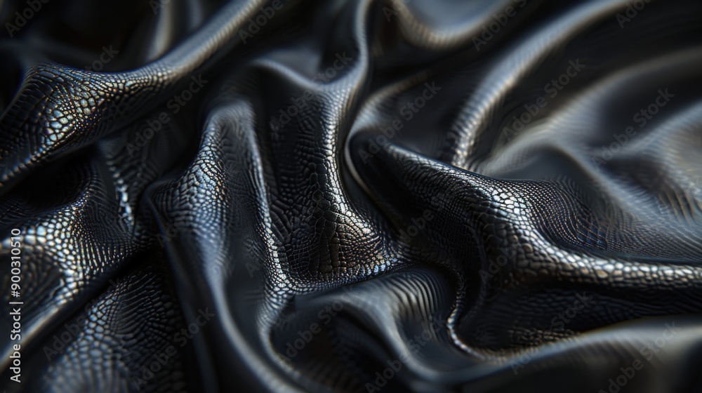 Fototapeta premium Textured Black Leather Material Draped and Creased in Soft Light