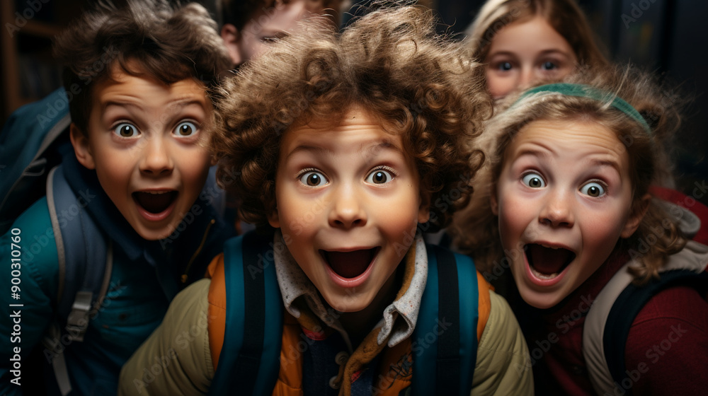 Fototapeta premium Class selfie in an elementary school. Kids taking a picture together in a co-ed school, photography.