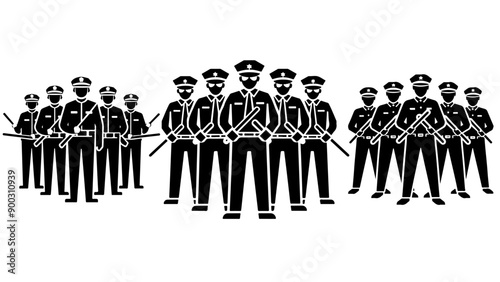 Silhouettes of a group of police officers with batons, ready to crush resistance. Vector set of monochrome icons, story about power structures