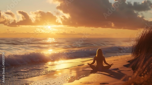 Fototapeta Naklejka Na Ścianę i Meble -  Hyper-realistic shot of a peaceful yoga session, golden hour light, beach setting,