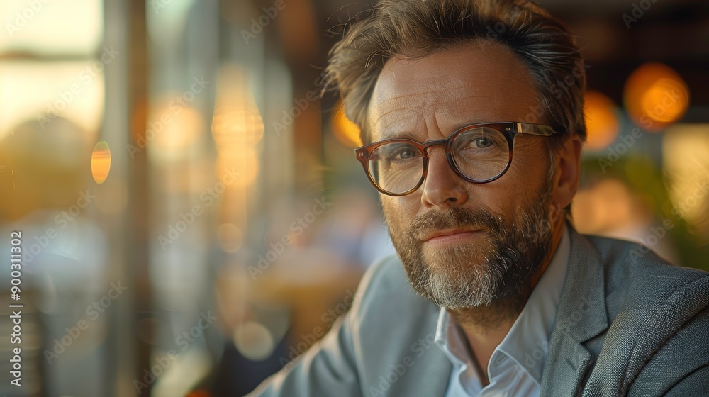 A thoughtful businessman with glasses gazes intently, capturing a moment of reflection in a warm, ambient setting. A thoughtful businessman with glasses gazes intently, capturing a moment of reflection in a warm, ambient setting.