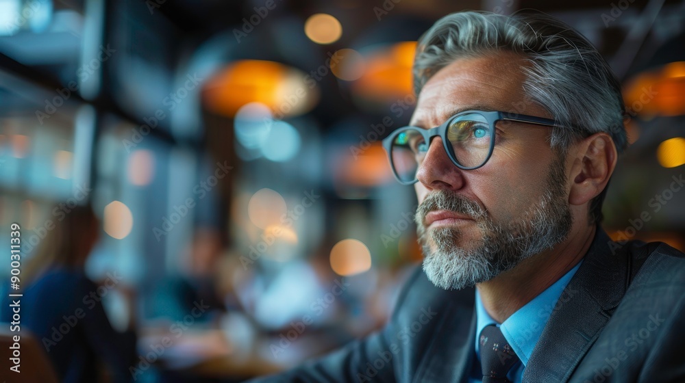 A thoughtful man in glasses sits in a stylish cafe, deeply focused, embodying a modern work environment and creativity. A thoughtful man in glasses sits in a stylish cafe, deeply focused, embodying a modern work environment and creativity.