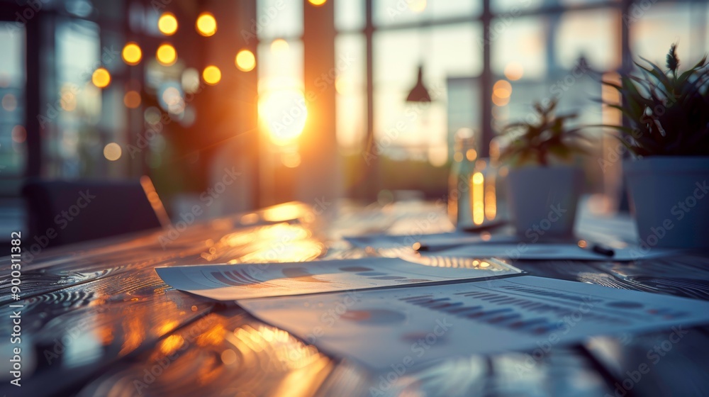A warm, inviting workspace with papers and plants, illuminated by a glowing sunset through large windows. A warm, inviting workspace with papers and plants, illuminated by a glowing sunset through large windows.