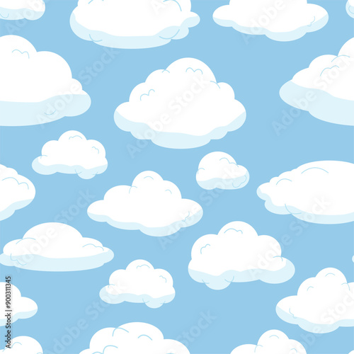 Vector illustration of neverending seamless pattern of white clouds on blue background