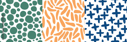Set of cute modern seamless patterns with round organic shapes in blue, oange and green color
