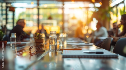 Wallpaper Mural A vibrant meeting space set with glasses, notebooks, and natural light, ideal for business discussions and collaborative work. Torontodigital.ca