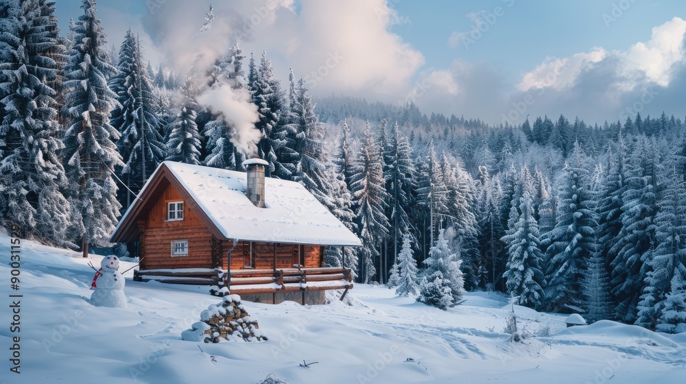Winter Wonderland with Cozy Cabin and Snowman in Forest Winter Wonderland with Cozy Cabin and Snowman in Forest