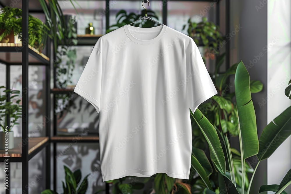 A white t-shirt hangs on a rack in a room, great for use as a prop or to represent fashion and clothing A white t-shirt hangs on a rack in a room, great for use as a prop or to represent fashion and clothing