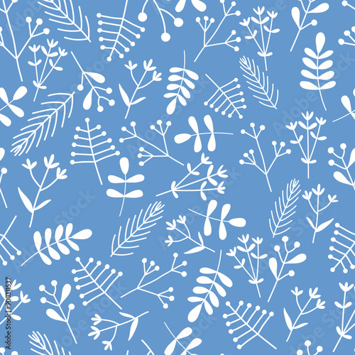 Cute white flowers on blue background seamless pattern 