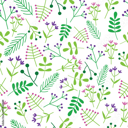 Cute chlidren dark green flower and plants seamless pattern 