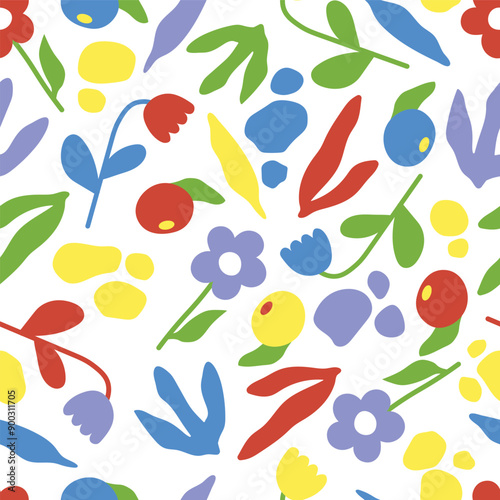 Vectors illustrated seamless pattern of meadow flowers, leaves, shapes and berries on white background