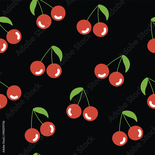 Cute seamless pattern with shiny cherries on black background