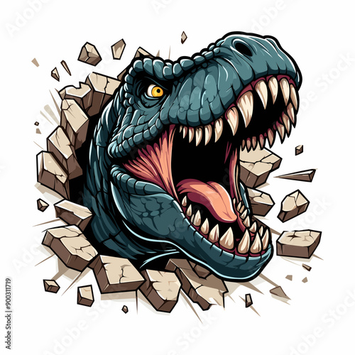 hand drawn t-rex roars out from  the wall illlustration