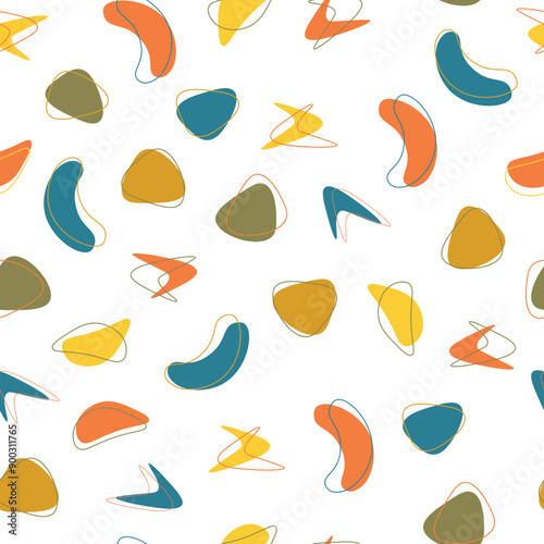 Retro seamless pattern with blobs and lines in vintage colors on white background
