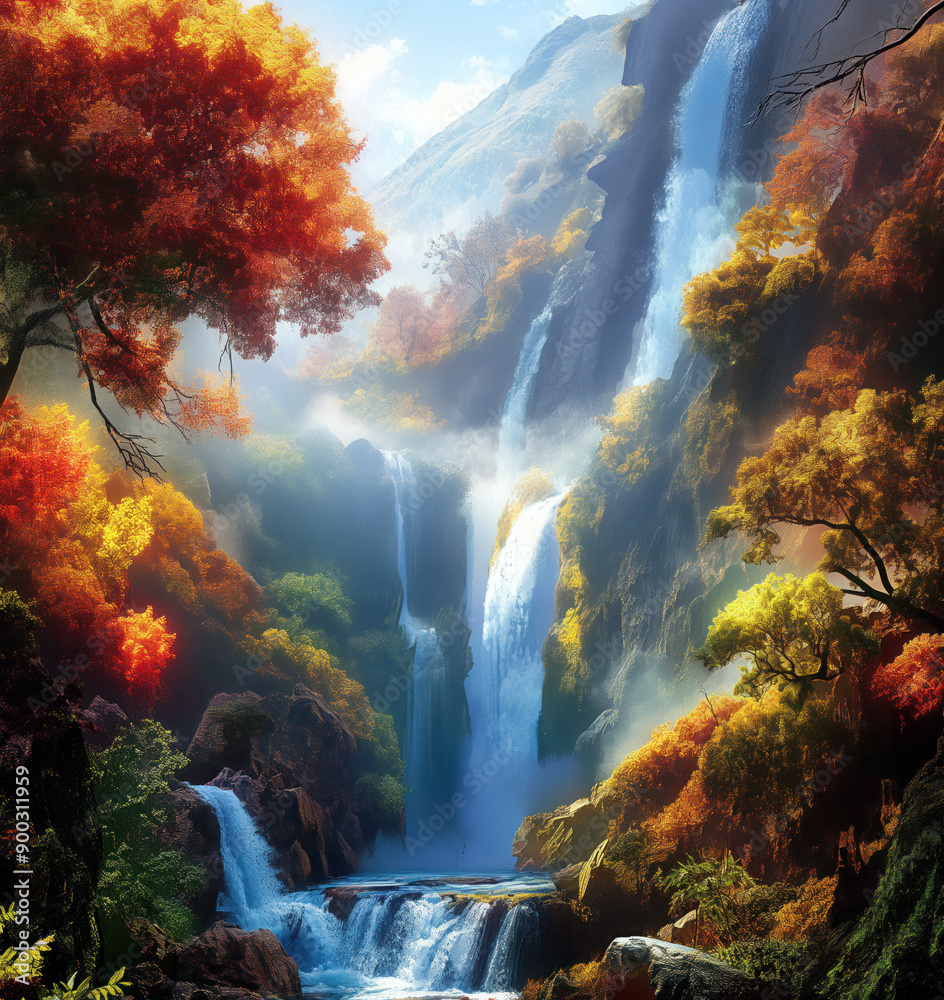 Waterfall, lush greenery, towering cliffs Waterfall, lush greenery, towering cliffs