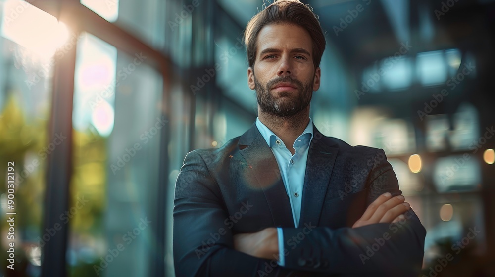 A confident business man stands with arms crossed, showcasing professionalism in a modern office setting with natural light. A confident business man stands with arms crossed, showcasing professionalism in a modern office setting with natural light.