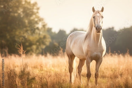 A beautiful white horse stands in a sunny field with tall grass. Concept of nature, freedom, peaceful living