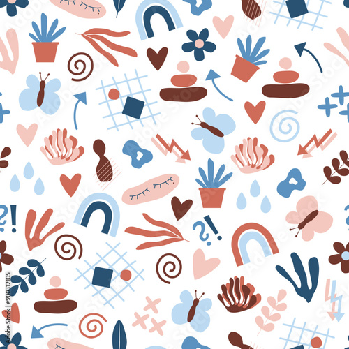 Seamless girly pattern with cute elements such as rainbow, plants, hearts and buttrflies on white background