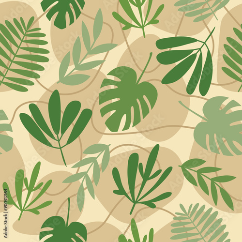 Seamless pattern with different jungle leaves on beige background with blobs and brown lines 