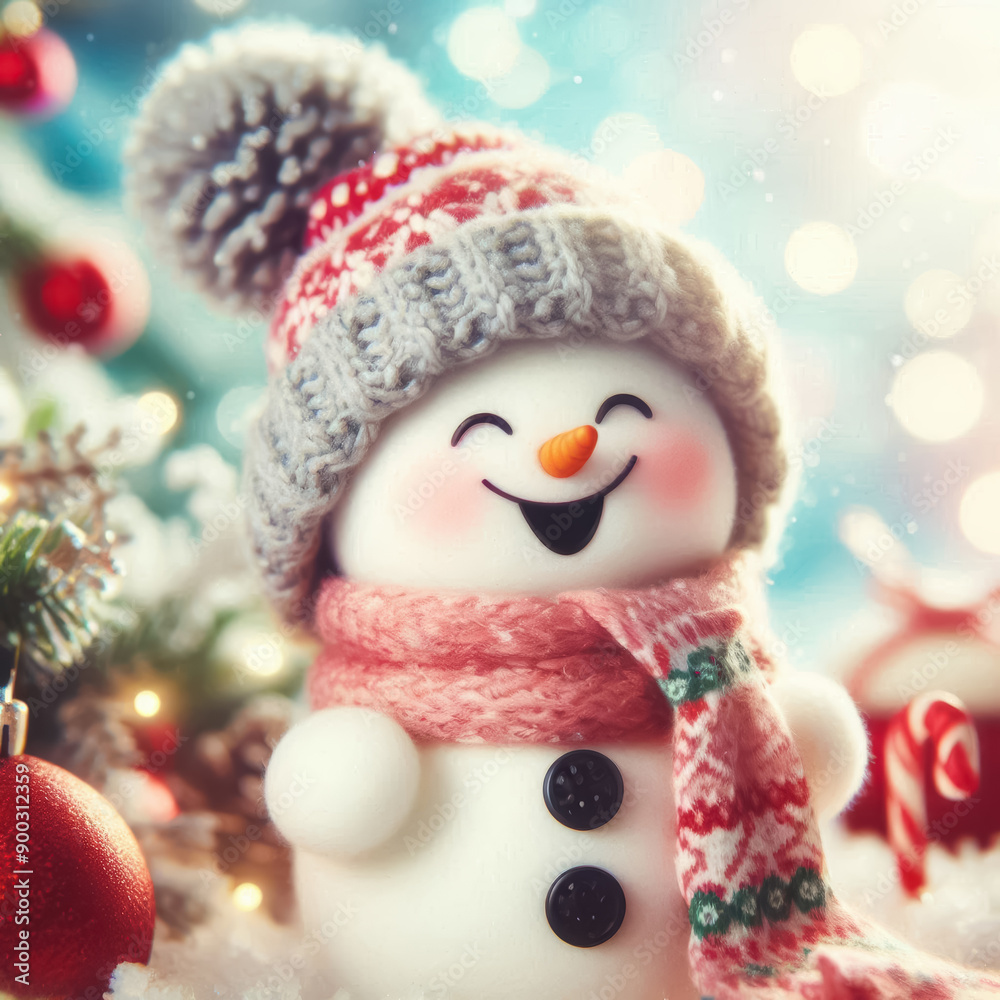 Fototapeta premium Closeup of cute funny laughing snowman with wool hat and scarf
