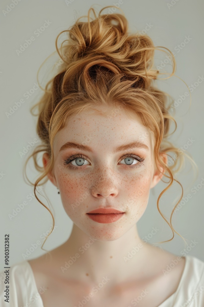 Young Woman With Freckles and Curly Hair Posing Against Light Background Young Woman With Freckles and Curly Hair Posing Against Light Background