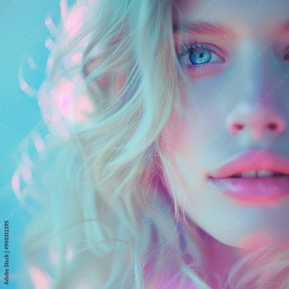 Close-Up of a Young Woman With Blue Eyes and Soft Pink Highlights Close-Up of a Young Woman With Blue Eyes and Soft Pink Highlights