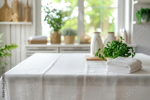 Detailed view of a white table with a pristine white tablecloth in a laundry room, blurred background, soft natural light, interior mockup with ample copy space, clean and simple