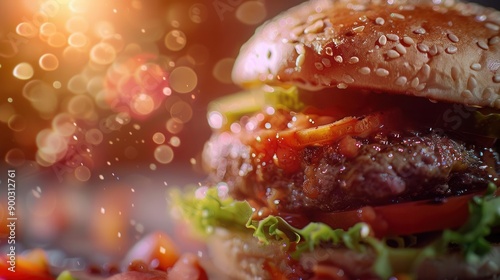 Detailed closeup of a juicy Generative AIdesigned burger, fresh toppings, bright colors, fast food ambiance, soft natural light, shallow depth of field, appetizing and vivid photo