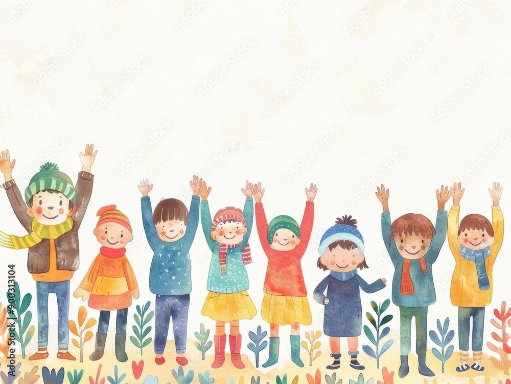 Fototapeta premium Children raising hands flat design side view theme watercolor Complementary Color Scheme