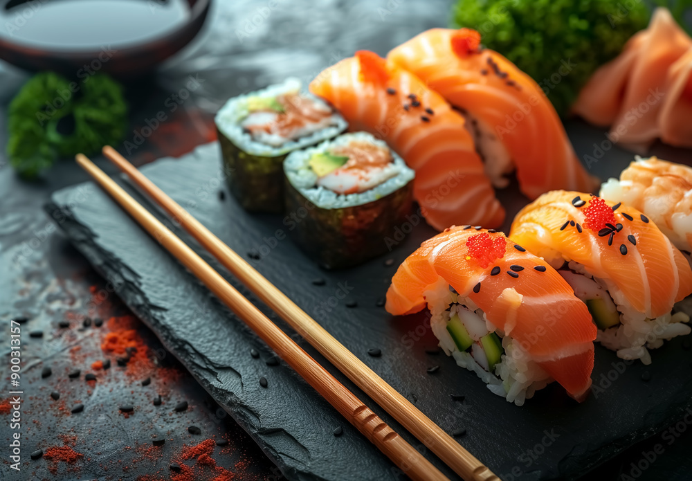 Colorful sushi set on stone board with chopsticks and soy sauce, top view, on black rustic background
