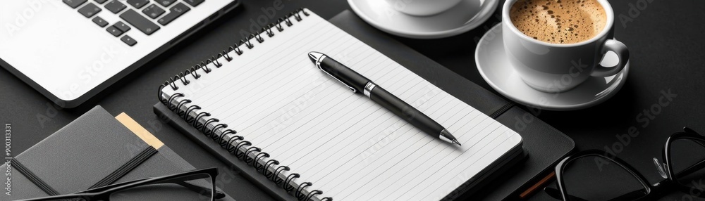 Minimalist blackandwhite layout of essential school supplies like a notebook, pen, glasses, and a cup of coffee Minimalist blackandwhite layout of essential school supplies like a notebook, pen, glasses, and a cup of coffee