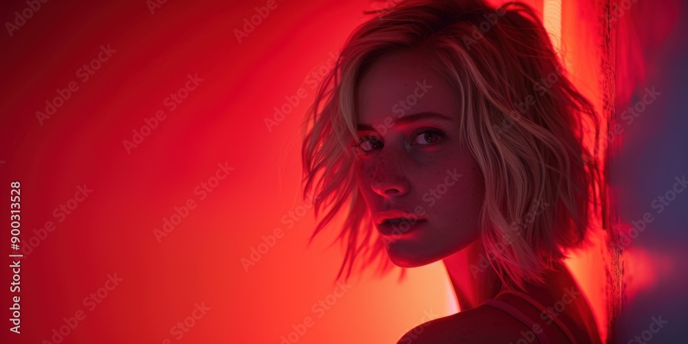 Young Woman Posing Against Red Neon Lights in Dimly Lit Space Young Woman Posing Against Red Neon Lights in Dimly Lit Space