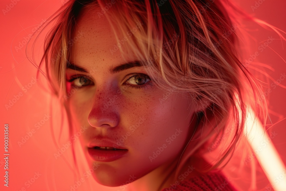 Close-Up Portrait of a Woman With Soft Expressions Under Pink Lighting Close-Up Portrait of a Woman With Soft Expressions Under Pink Lighting