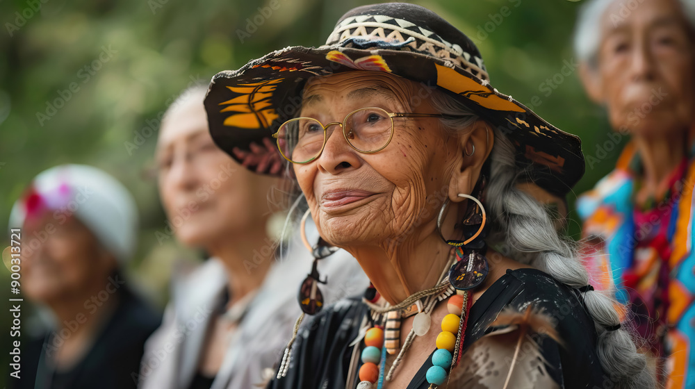 close up Indigenous old woman with hat and glasses smiling against blurred background with copy space for International Day of Older Persons. close up Indigenous old woman with hat and glasses smiling against blurred background with copy space for International Day of Older Persons.