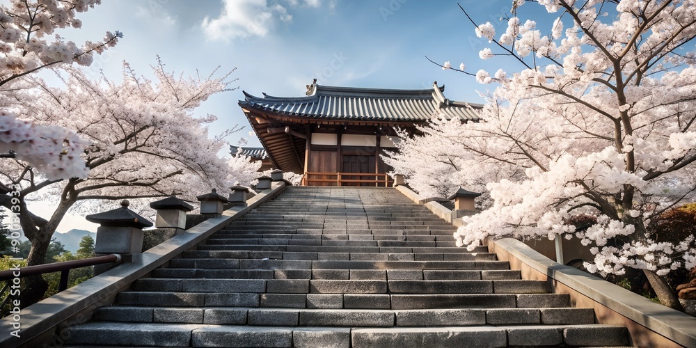 A stone staircase leading to a temple, surrounded by blooming cherry trees. Cherry petals cover the steps, creating a sense of a path to a sacred place. A stone staircase leading to a temple, surrounded by blooming cherry trees. Cherry petals cover the steps, creating a sense of a path to a sacred place.