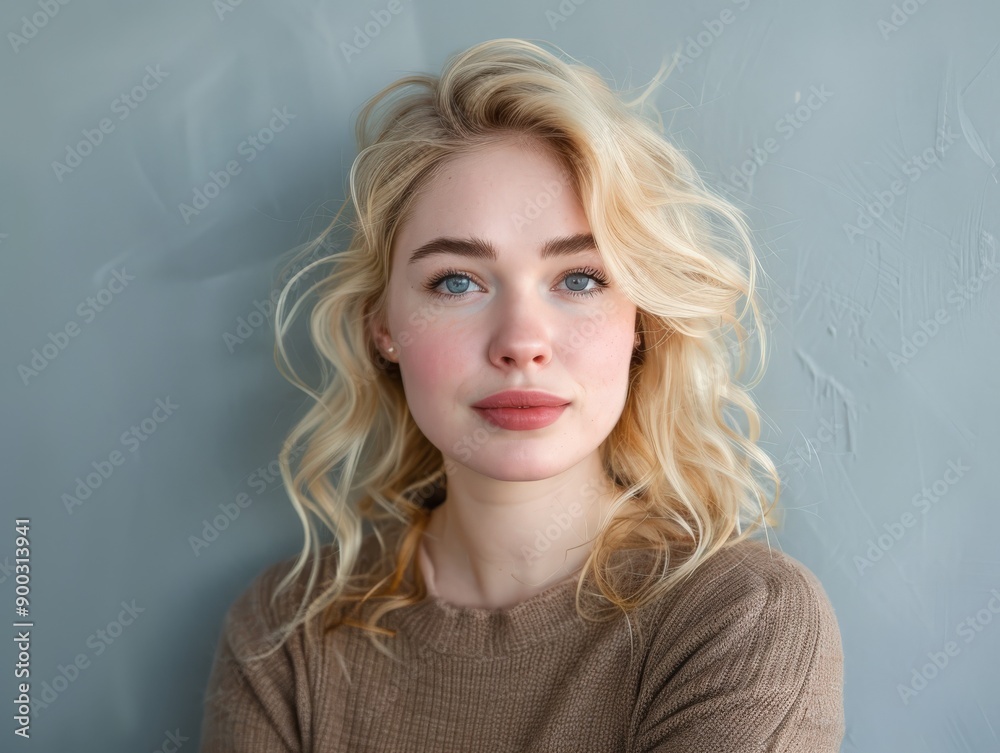 Young Woman With Wavy Blonde Hair Poses Against Gray Wall Young Woman With Wavy Blonde Hair Poses Against Gray Wall
