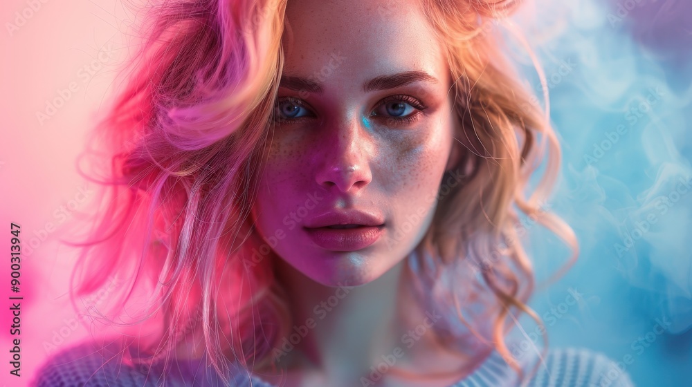 Portrait of a Young Woman With Vibrant Lighting in a Studio Setting Portrait of a Young Woman With Vibrant Lighting in a Studio Setting