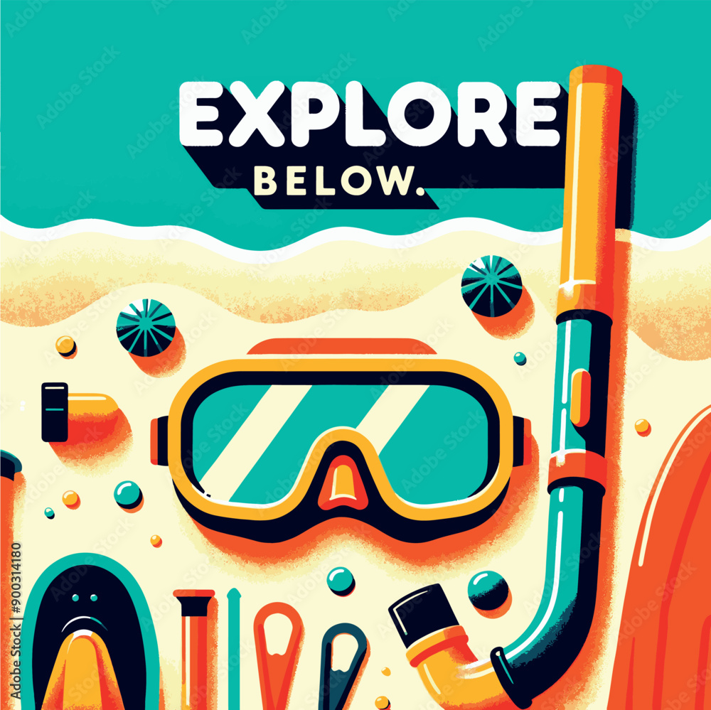 Fototapeta premium Snorkel gear laid out on a sunny beach. Vibrant Minimalistic simple illustration with the text 