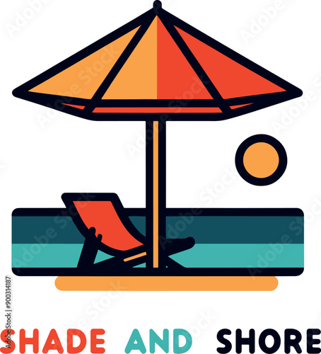 Beach umbrella providing shade. Inviting minimalistic simple illustration with the text "Shade and Shore"