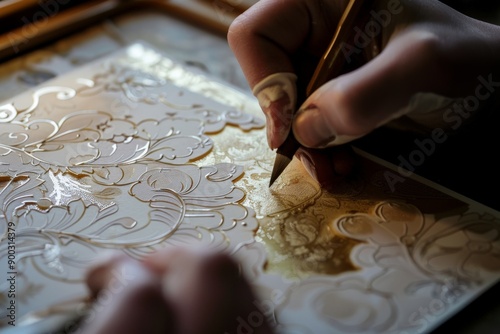 The process of creating wedding invitations, featuring intricate coloring and card design, with detailed visuals, realistic lighting, and a professional atmosphere
